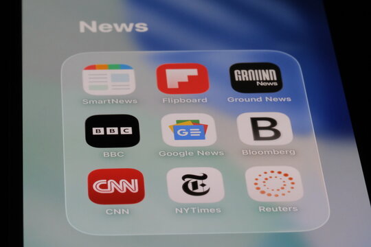 Shanghai,China-July 30th 2026: SmartNews, Flipboard, Ground News, BBC, Google News, Bloomberg, CNN, NYTimes, and Reuters icons. Assorted NEWS apps