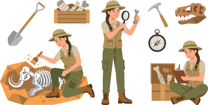 Female Paleontologist and Archaeologist Vector Character Set with Dinosaur Fossil Excavation, Magnifying Glass, Bones, Compass, Shovel, and Research Equipment