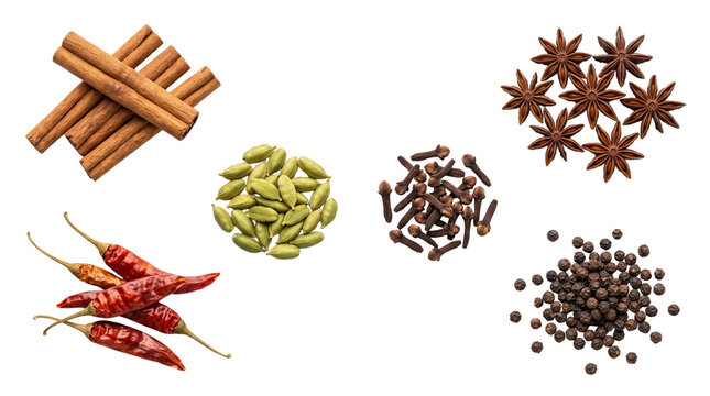 Aromatic whole spices collection with cinnamon sticks and star anise, dried red chili peppers and green cardamom pods, culinary seasoning ingredients isolated PNG with Transparent Background