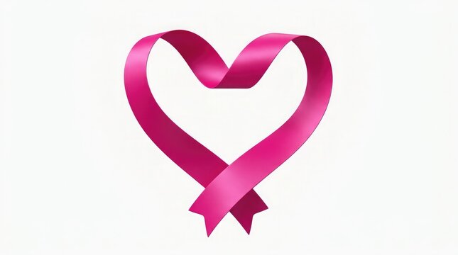 A beautiful pink ribbon shaped like a heart isolated on a white background representing the important annual breast cancer awareness month campaign