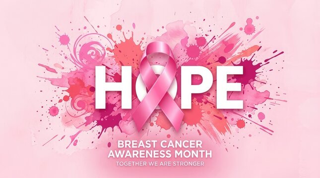 Artistic pink watercolor background featuring the word hope and a ribbon symbol to support and promote breast cancer awareness month activities globally