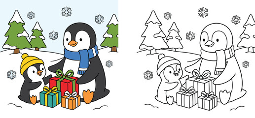 Fototapeta premium Cute Penguins with Christmas Gift Boxes in Winter Snow Vector Illustration and Coloring Page Set for Kids