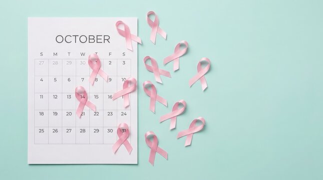 A calendar page for october with pink ribbons placed on it to represent the annual breast cancer awareness month health campaign event