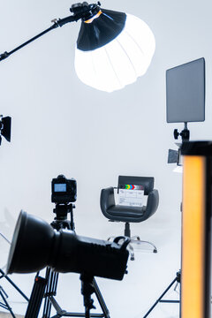 Video production studio set with camera and lighting equipment