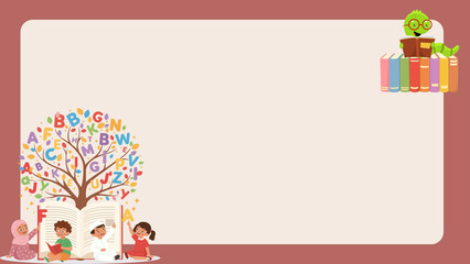 Children reading books under a learning tree with alphabet letters, representing education and imagination