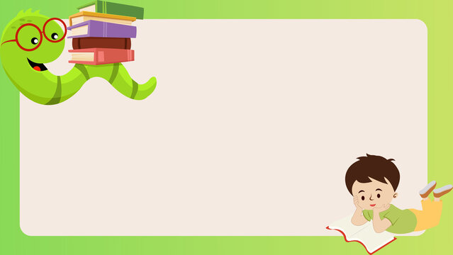 Educational background template featuring a cute scholarly worm with glasses and a small boy reading books in a playful cartoon style