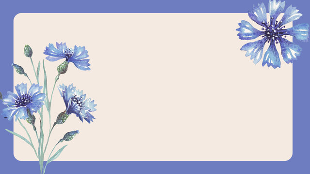 Watercolor blue cornflower floral border design with elegant wildflowers on a blank cream background frame for card template