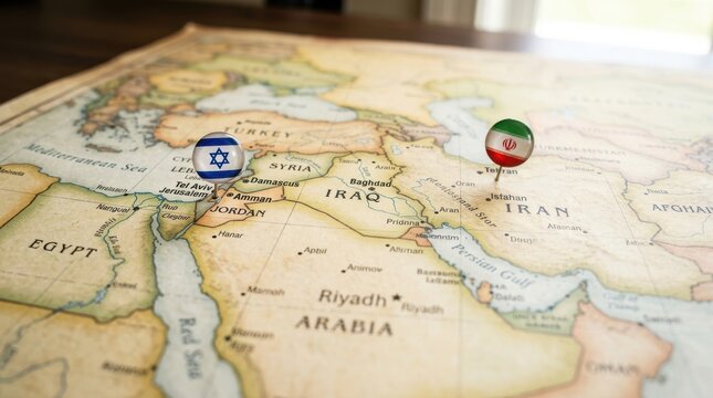 Political map of the Middle East with flag pins of USA, Israel, and Iran on key geographic locations, representing international relations and geopolitical alliance concept and war in middle east
