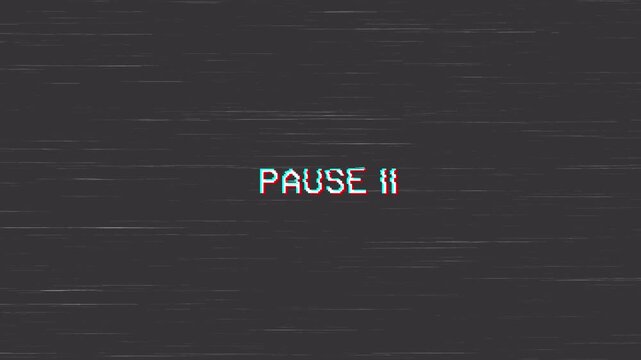 Pause symbol with glitchy text and digital static on grey background. Suitable for media projects needing retro or vintage effects. 4K - Alpha Channel