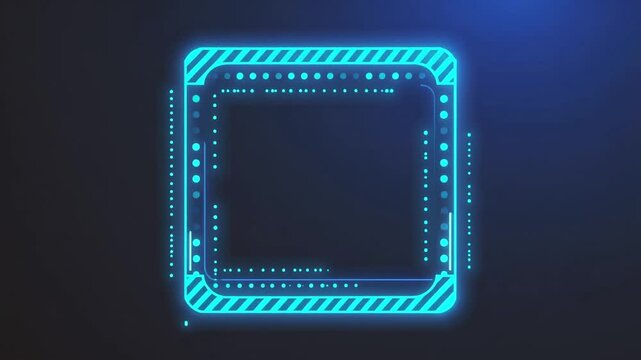 Blue glowing digital frame with animated light effects transitioning through three stages against a dark background, creating a modern visual display for technology