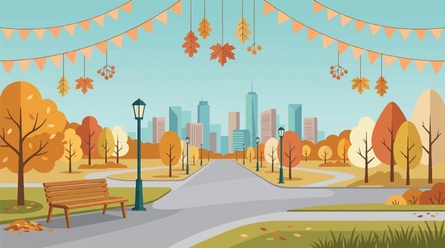 Vibrant Autumn Park Scene with Bench Lamp Post Trees Leaves and City Skyline