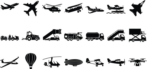 Set of black silhouettes of various aircraft, airplanes, and airport ground service vehicles © Mst