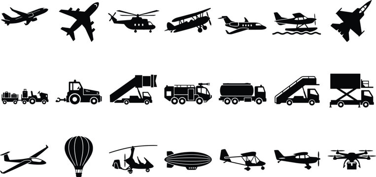 Set of black silhouettes of various aircraft, airplanes, and airport ground service vehicles
