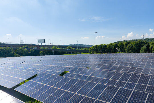 Photovoltaic array beside road and tree line