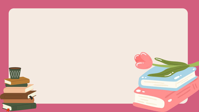 A stack of books with a tulip flower on a pink background with a blank space for text