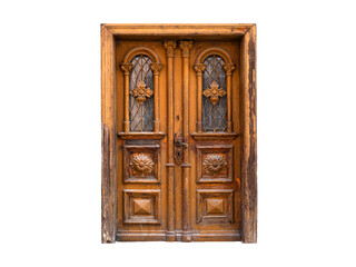 Obraz premium An ornate vintage wooden double door isolated on white background.