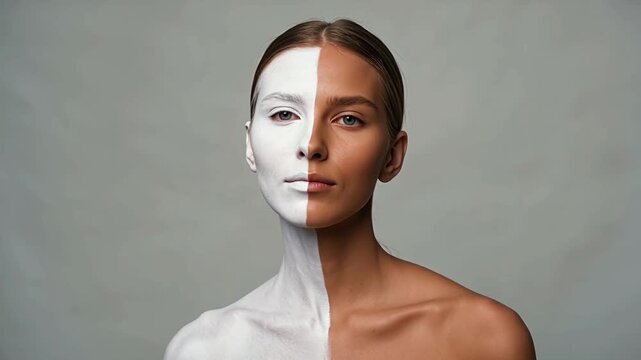 Female model with half white and half natural skin tone face paint poses in front of a neutral background, showcasing a gradual transition of facial expression and paint application