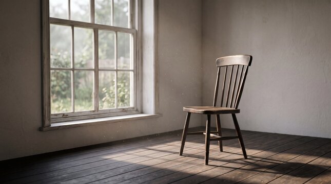 A single wooden chair sits in an empty, sunlit room with a large window overlooking greenery, casting long shadows on the wooden floor.
