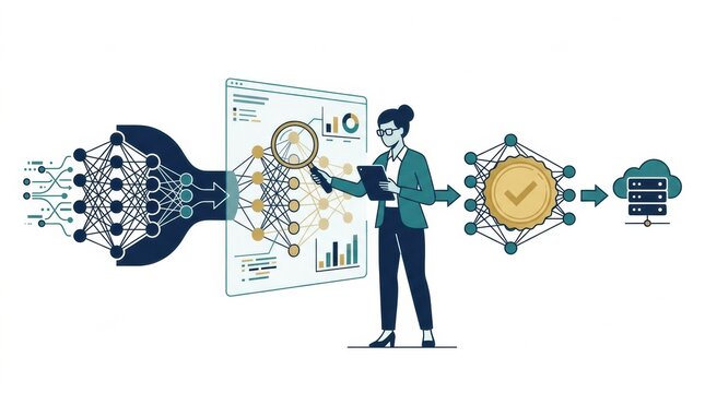 A person reviews data visualizations while interacting with AI technology in a business setting. The focus is on the audit process.