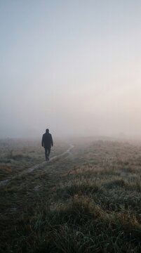 A solitary person walks along a narrow path through a vast, misty field at dawn, creating a serene and contemplative atmosphere.