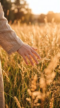A person's hand gently brushes against golden wheat in a sunlit field during the golden hour, evoking a sense of peace and connection with nature.