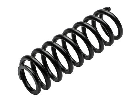Black metal coil spring isolated on a plain surface for industrial engineering and machine repair isolated on transparent background