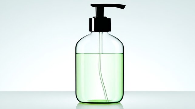 Clear glass pump bottle with green liquid soap for hygiene and sanitization concept minimalistic isolated design