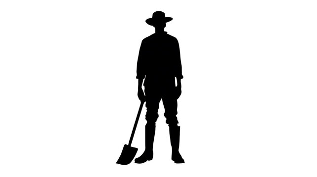Silhouette of a farmer wearing a hat and boots, holding a shovel. Ready for agricultural work