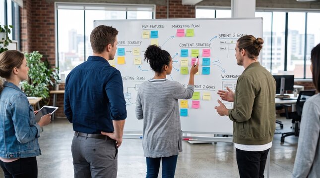 Diverse business team collaborating around whiteboard with sticky notes mapping user journey and marketing plan for agile sprint goals in bright modern startup office space