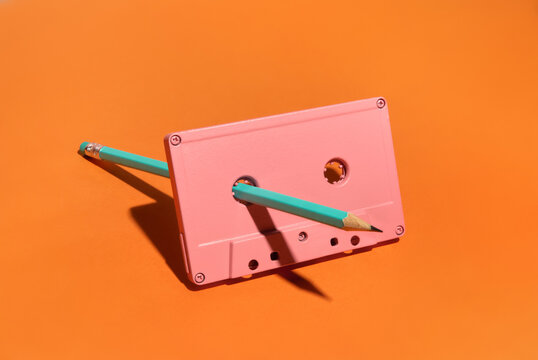 Pencil Used to Rewind Audio Cassette Tape. Retro Nostalgia