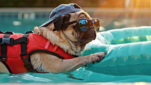 Funny pug dog swims in pool wearing red life jacket. Cute dog holds teal inflatable ring. Pet with sunglasses and hat enjoys summer. Pug in life jacket cools off. Dog swims in pool on vacation.