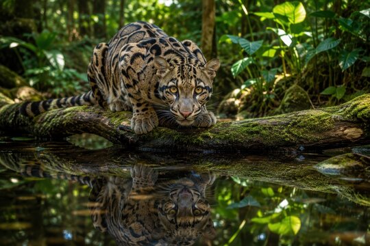 Clouded leopard crouching on a mossy log over jungle water with dramatic reflection