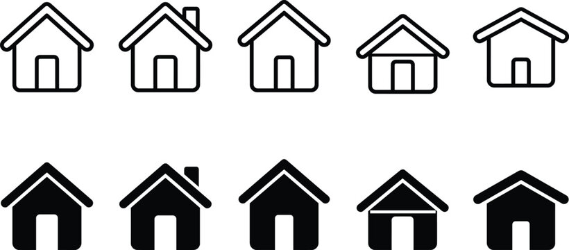 Collection of house icons in thin line and black solid styles for real estate and home interface design