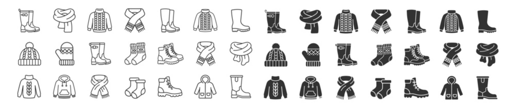 line and solid style winter clothing icons including boots, scarves, sweaters, hats, mittens and socks on transparent background