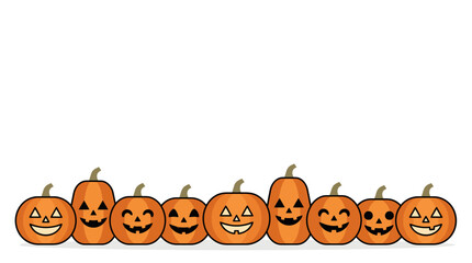 Carved jack o lantern pumpkins border row isolated on white background for Halloween © Senior