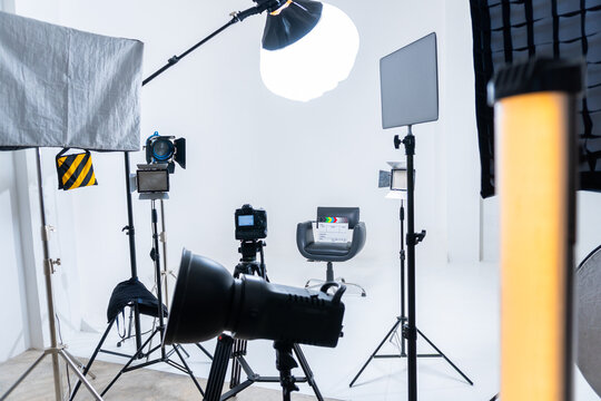 Film production studio with camera and lighting equipment