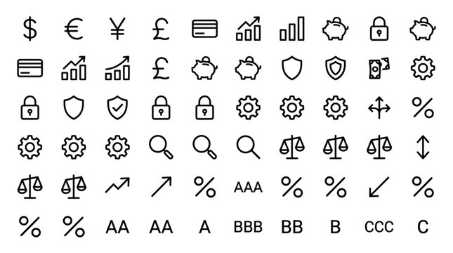 A collection of clean, linear icons representing financial concepts like currency, banking, and analytics.