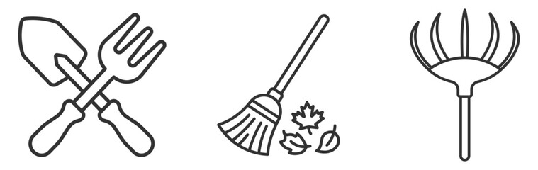 garden tools shovel trowel rake and broom with leaves line icons set on transparent background © gerik_a