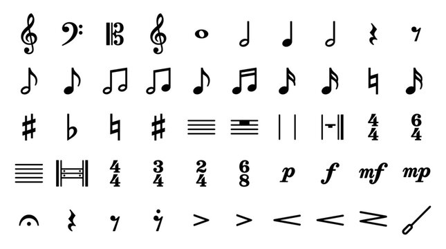 A comprehensive display of various musical notation symbols, including clefs, notes, rests, accidentals, and dynamics.