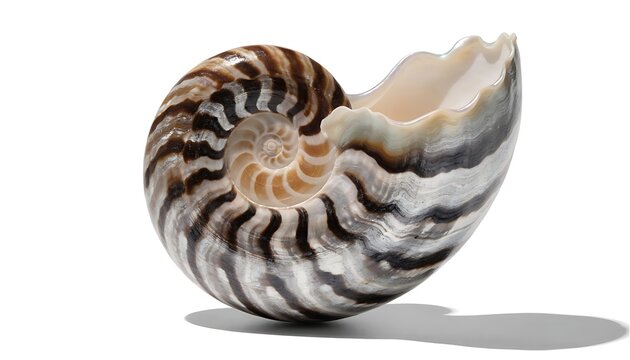 Natural empty spiral nautilus sea shell cut out White background with shadow. 8K resolution. AI Generated.