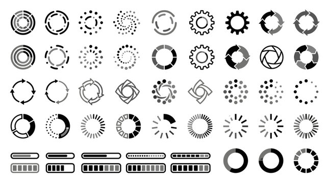 A comprehensive set of circular icons representing loading, progress, and buffering states in various designs.