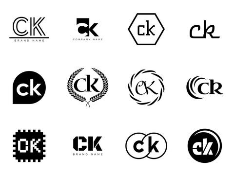 CK logo company template. Letter c and k logotype. Set different classic serif lettering and modern bold text with design elements. Initial font typography.