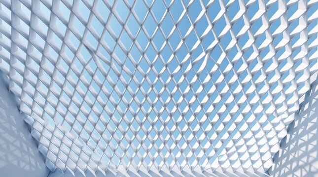 Modern architectural grid ceiling with geometric white panels and soft blue light reflections in a building
