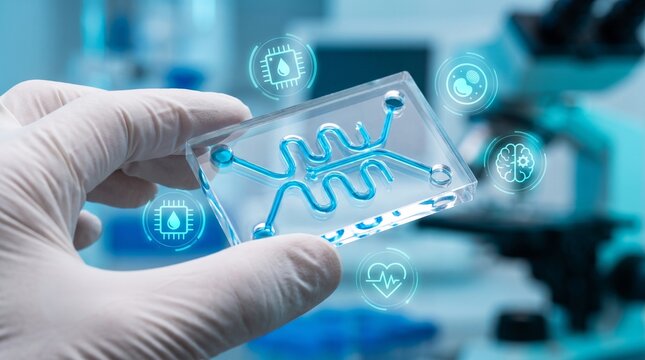 Scientist in lab holding a microfluidic chip device with digital data interface and blue glowing connection lines
