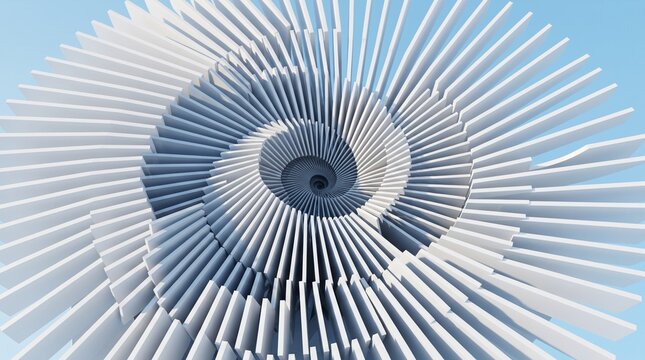 Abstract circular spiral pattern made of white and purple metal blades forming a geometric radiating design