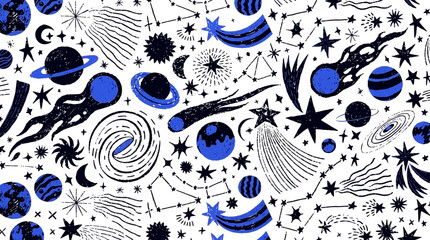 IconaStudio seamless repeatable tile pattern of cosmic confetti with small black planet icons, tiny cobalt blue starbursts, and thin black constellation segments on white space © Sgalok