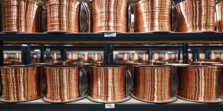Close-up view of copper wire rolls stored in neat rows on industrial shelving.