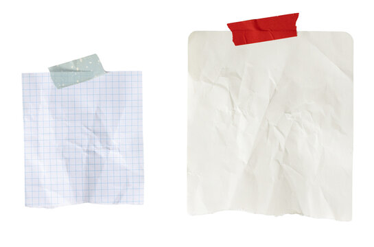 Two blank crumpled paper note reminder with adhesive tape cut out. template mockup