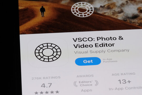 Shanghai,China-July 30th 2026: VSCO app download page on phone screen 