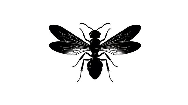 A black silhouette of a winged ant with spread wings against a white background